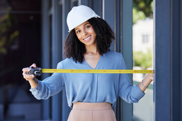 Canvas Print - Construction worker, happy in portrait with black woman and tape measure, architecture and building industry. Measurement, architect and engineering contractor in safety helmet and tools in portrait