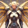 science fiction lovely techno female angel short blonde hair mechanical halo around her head suit of tech armor widespread tech mechanical wings full body painting 