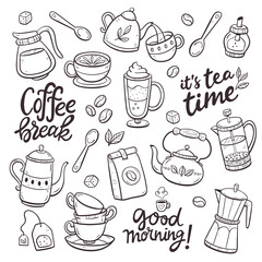 Wall Mural - Collection of coffee and tea products. Doodle cliparts of teapots, cups, coffee, herbal teas... Isolated objects on a white background. Background to create patterns or use the objects individually.