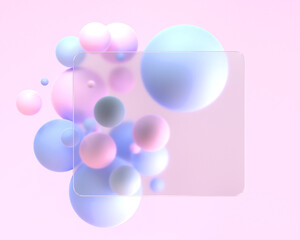 Frosted square glass in glassmorphism style with blur effect 3d render. Blank acrylic matte plate, frame or card on abstract background with pink blue geometric spheres, mockup banner