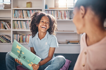 Aufkleber - Education, storytelling or happy students in a library or classroom or for learning development. Smile, kids or excited young children reading funny fantasy or English literature books at school