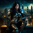 gorgeous beauty urban fantasy heroine 22 years old in medieval leather armour deep blue bright eyes pitch black hair nice lips secure personality fighting pose with brown medieval leather jacket 