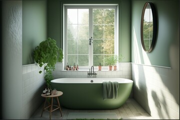 Wall Mural - Scandinavian style interior bathroom with a big metal olive green bathtub and several potted plants in the windows, with natural wood furniture with olve color paint and towels and a big mirror