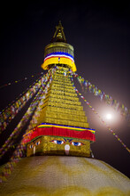 The Full Moon Rises Over Boudhanath Stupa, Kathmandu, Nepal.