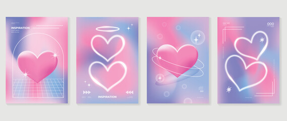 Wall Mural - abstract gradient y2k style template cover vector set. happy valentine's day decorate with trendy gr