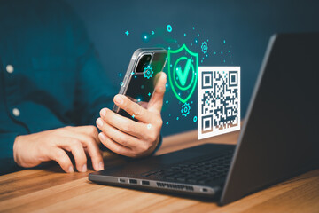 Poster - Concept of using smartphones to scan QR codes to make payment. Customer making payment through mobile phone and scan code for online shopping. Use of technology in the daily life of modern people.