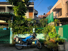 A Blue Motorcycle In Front Of A Green Garden At Sunrise In Bangkok