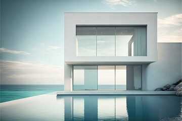 Wall Mural - Generative AI  beautiful white residential villa with modern architecture and swimming pool