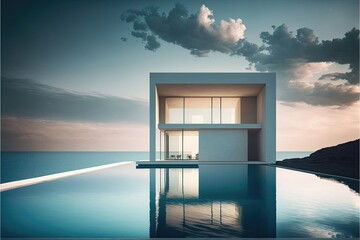 Wall Mural - Generative AI  beautiful white residential villa with modern architecture and swimming pool