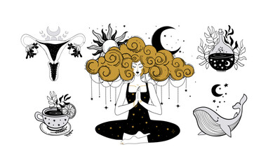 Canvas Print - Meditating mystical boho woman, witch linear sticker set, female uterus, magic potion, celestial whale, mystical symbols. Modern vector line illustration isolated on white background.