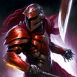 science fiction fantasy image metallic spartan soldier with all metal armor metal skin metal face spartan helmet spartan shield spartan spear red flowing cap attack stance artifact creature type 