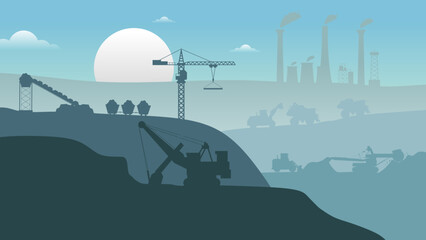 Mining view factory landscape silhouette flat elements background in colorful color.