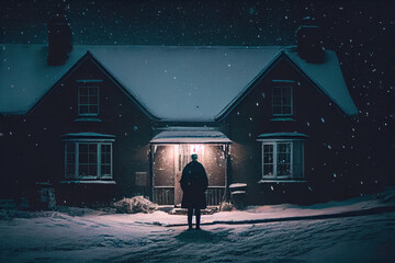 Wall Mural - A person standing outside of a house in the snow at night