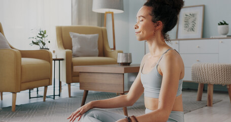 Canvas Print - Meditation, pilates and home yoga for black woman working on spiritual chakra peace, freedom of the mind and zen mindset. Body health, wellness lifestyle and relax girl training on living room floor