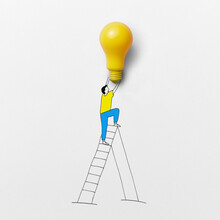 A Drawing Of A Man On A Ladder Holding A Lamp On A Paper