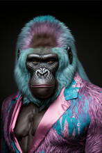 Front Facing Studio Photograph Of A Beautiful Majestic Gorilla Monkey Wearing A Vaporwave 