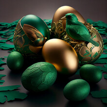 Golden Easter Eggs With Birds. Concept 