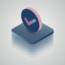 3d Effect Of Blue And Pink Rounded Plate With Check Mark Hollow Floating Above Blue 3d Surface On Light Grey Background