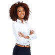 © peopleimages.com - A beautiful young african woman standing with her hands crossed isolated on a PNG background.