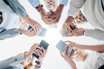 Aufkleber - Phone in hands, technology and business people, collaboration and communication in team for company. Chat, internet and community diversity, networking and typing in teamwork circle from below