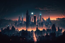  A Futuristic City With A Full Moon In The Sky And A Street In The Foreground With A Red Light At The End Of The Road.  Generative Ai