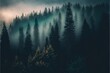  a forest filled with lots of trees covered in fog and mist at night time with a full moon in the sky above the trees and fog. generative ai