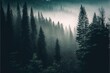 a forest filled with lots of tall trees covered in fog and mist covered in foggy mist and foggy trees in the distance, with a dark sky. generative ai