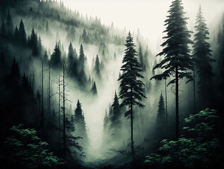  a painting of a forest with fog and trees in the background, with a black and white photo of the forest with fog and trees.  generative ai