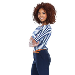 Wall Mural - a beautiful young african woman standing with her hands crossed isolated on a png background.
