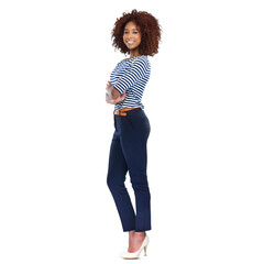 Wall Mural - full length shot of a beautiful young african woman standing with her hands crossed isolated on a pn