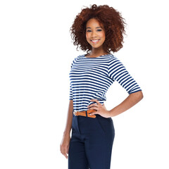 Wall Mural - portrait of a fit young african woman in casual wear posing with her hand on her hip isolated on a p