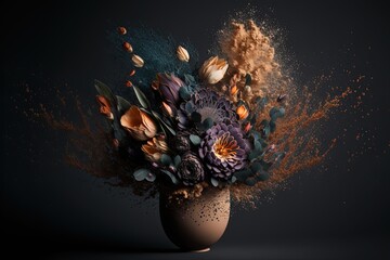Exploding flower bouquet on a black background. Rare flowers. Men's bouquet. Visual for a floral magazine. 3D digital illustration. Generative AI