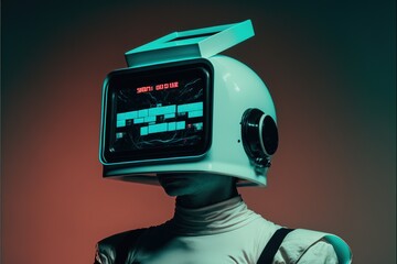 Wall Mural - Man wearing a prototype of a retro dystopian thought-control-helmet. Thoughts are reflected on the screen. Game helmet. Virtual reality helmet. Futuristic helmet with screen. Generative AI