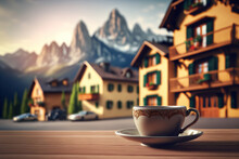 Cup Of Coffee On Blurred Background Of Alpine Cozy Street And Alps. Romantic Evening View. Based On Generative AI
