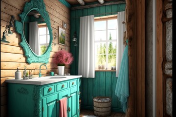 Wall Mural - Country interior style bathroom with natural wood paneling and furnitures, with a washbasin with cabinet under it, and a mirror above it