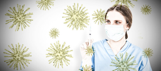 Composite image of pretty brunette female doctor holding a syringe and looking at it. Testing for Co