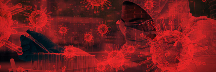Poster - Composite image of protected female scientist dropping liquid in a test tube. Testing for Coronaviru
