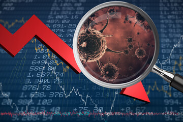 Poster - Composite image of magnifying glass. Testing for Coronavirus pandemic