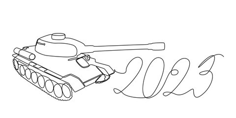 One continuous line of number 2023 and Armored Tank. Thin Line Illustration vector concept. Contour Drawing Creative ideas.