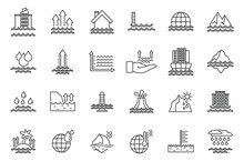 Sea Level Rise Icons Set Outline Vector. Water Level. Nature Disaster