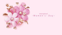 Women's Day Greeting Card With Realistic Composition Of Spring Pink Flowers. 8 March Banner