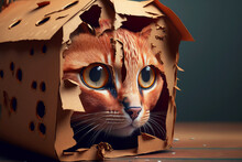 Red Cat With Dark Streaks On Its Muzzle Abruptly Woke Up In Cardboard House With Holes On Its Side.