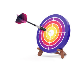 Poster - Darts Play. A modern-designed dart, which is sticking out from a dartboard fixed on a wooden stand are on white background. 3D rendering graphics on the theme of Business Metaphors.