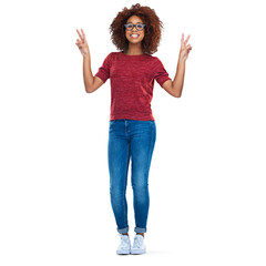 Wall Mural - full-length studio portrait of a beautiful young african woman showing the peace sign isolated on a 