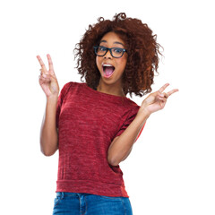 Wall Mural - portrait of an overwhelmed young african woman showing the peace sign with both hands isolated on a 