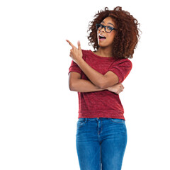 Wall Mural - portrait of a happy beautiful young african woman pointing towards the copy space isolated on a png 
