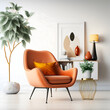 Cozy modern living room interior with Orange armchair and decoration room on a Orange or white wall background

