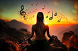 meditation at sunset on a mountain, with musical notes symbolizing sound healing therapy and yoga meditation, radiating tranquility and harmony. generative ai 