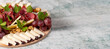 © enezselvi - Cold Smoked Meat Plate, antipasto set platter wooden plate. Antipasto board with sliced meat, ham, salami, cheese. Empty space for text. copy space