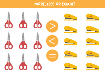 More, less or equal with cartoon scissors and staplers.